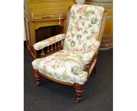 Edwardian grandfather arm chair with new floral upholstery and button back