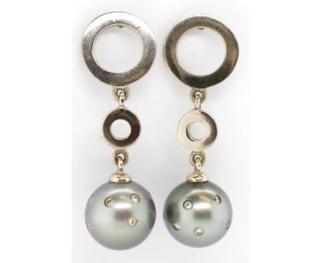 Tahitian pearl, diamond and 18ct gold earrings Marked Lust 750, approx 2x 10mm round Tahitian black pearls diamond set 12x ro