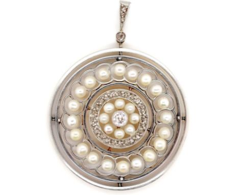 Art Deco gold, diamond and pearl pendant a well made open work two tone medallion set with approx 28x 1.5-1.7mm diameter whit