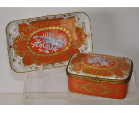 Handpainted Limoges trinket box and matching dish signed to base, both with musical instrument centre decorations, width 13cm
