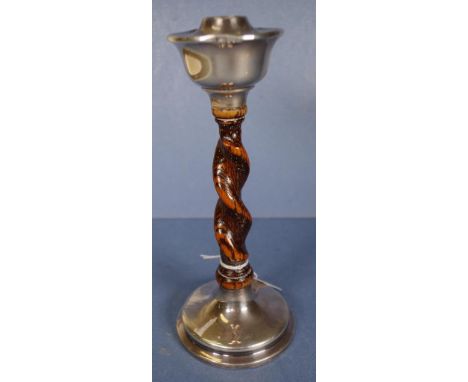 George V sterling silver candlestick Birmingham 1935, maker's mark rubbed. With oak barley twist column. (Height 22cm approx)