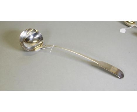 George III Irish sterling silver soup ladle Dublin 1801, maker Samuel Neville, monogrammed. (Length 37cm approx, weight 203gr