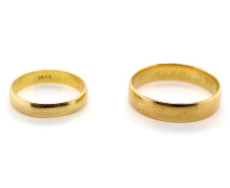 Two gold wedding bands marked 375 piece approx weight, 3.6 grams and marked 18ct approx 2.8 grams, ring size  N.