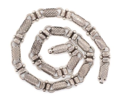Antique silver necklace with hollow lozenge and ring links, decorated with star  missing clasp. Approx 42cm length, 22 grams 