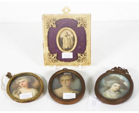 Three various brass framed portrait miniatures each of a lady in period dress, (height 7cm approx, each); together with 1 oth