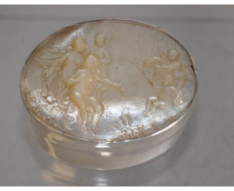 Silver and mother of pearl snuff box with carved figural decoration, width 6cm approx