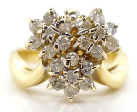 14ct gold and diamond cluster ring approx 21x round diamonds set in a three flower arrangement. Marked K14 approx 5.4 grams w