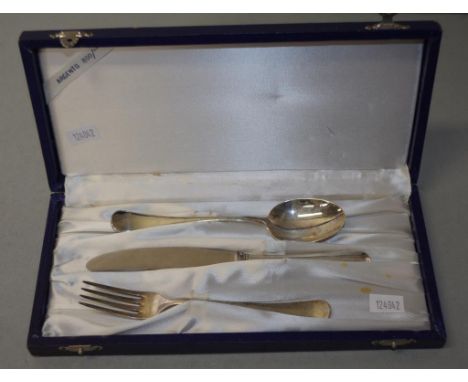 Boxed continental silver three piece set cutlery including spoon, knife and fork, each marked '800,' for child's baptism pres