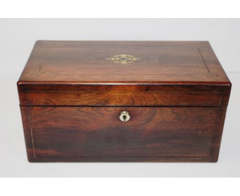 Regency brass inlaid tea caddy c1825, with Bramah type lock, interior with twin vaulted top canisters, original finely cut bo