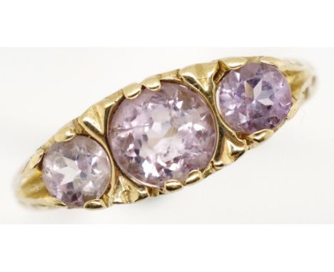 Decorative 9ct gold &amp; gemset ring three stones set in hand scroll worked settings marked 9ct approx ring size P weight 2.