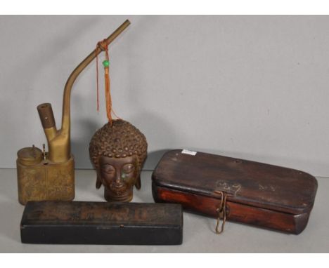 Vintage bronze Buddha head 12cm high approx. together with cased set of scales, black lacquered box &amp; a metal pipe