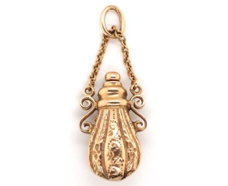 9ct rose gold pilgrim bottle fob charm marked 375 to the jump ring. Approx weight 9.4 grams.