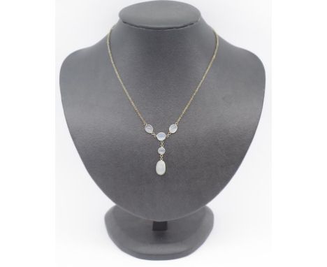 Edwardian sterling silver and moonstone necklace marked sterling to spring ring. Approx 34cm length
