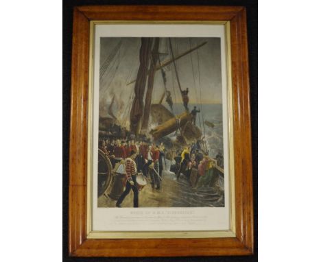Lithograph after Thomas Hemy (1852-1937) "Wreck of H.M.S. Birkenhead", 62cm x 44cm, in burr walnut frame 92cm x 64cm
