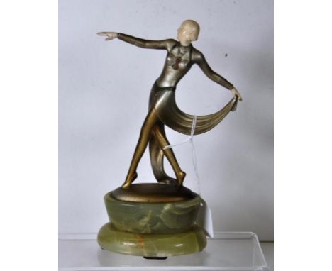 Art Deco Josef Lorenzl bronze &amp; ivory sculpture signed, with onyx base, 19cm high approx., This item may not be exported 