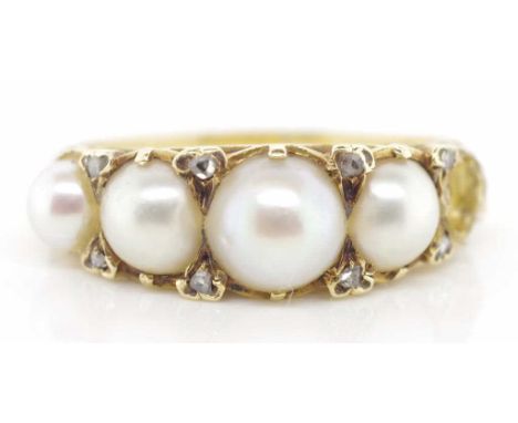 Antique pearl, diamond and gold ring five stone pearl ring set with accompanying  old cut diamonds Unmarked A/f a pearl missi