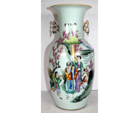 Large Chinese late Republic ceramic vase hand painted figures in a garden decoration, Chinese script to reverse, (attributed 