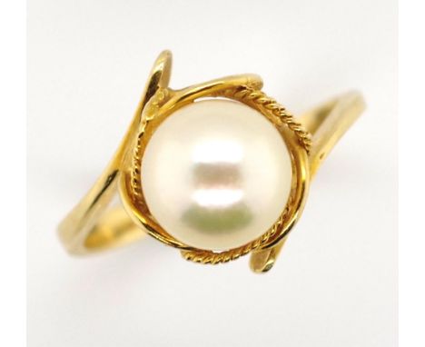 14ct gold and pearl ring marked 585 approx 7mm white pearl, total weight 2 grams and ring size I.