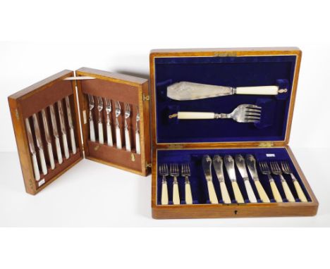 Cased set six silver plate fruit knives &amp; forks each with Mother of Pearl handles, in fitted wood case; together with woo