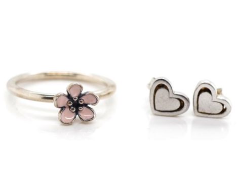 Sterling silver Pandora ring and a pair of heart shaped Oroton stud earrings. Marked ALE 925 and Oroton.