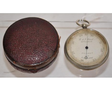 Antique pocket barometer by R &amp; J Beck of London, C:1870, with silvered face &amp; original fitted case, 5cm diameter app