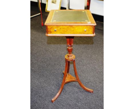 Vintage Sheraton style occasional table leather inset to top, over 1 drawer, with turned column, to tri-footed base. (Height 