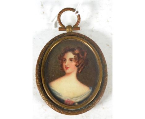 Brass framed portrairt miniature of a lady (height 5cm approx, portrait).