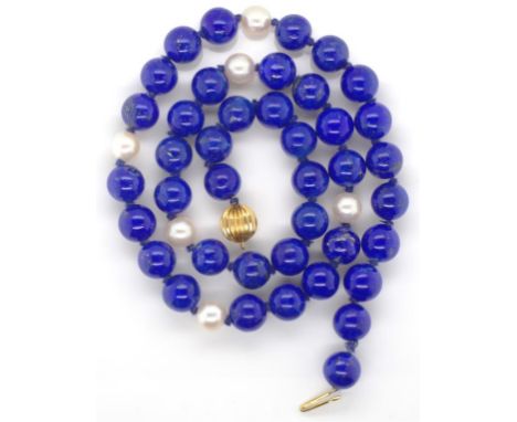 Lapis lazuli, pearl and gold beaded necklace approx 9.3mm round lapis beads and 7.5mm pearls and marked 14k 585 gold clasp. L