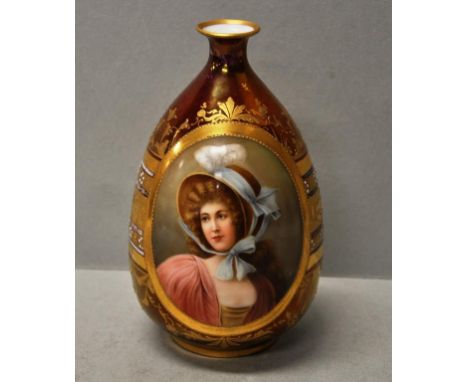 Vienna porcelain portrait vase with handpainted portrait, signed Wagner, on a red ground with gilt &amp; enamel decoration, 1