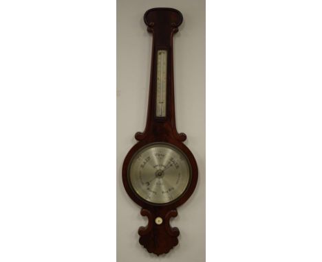 Antique mahogany cased banjo barometer with thermometer by Dolland, London, 107cm high
