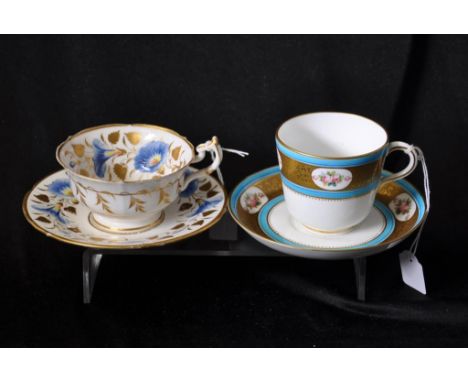 Two 19th Century Minton cup and saucers one C1865, with ornate acid etched gilding and hand painted floral decoration, the ot