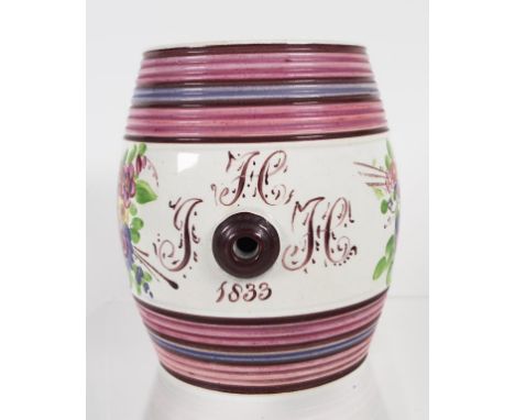 Georgian ceramic creamware string container barrel hand painted floral decoration, and marked with date 1833. (Height 11cm ap