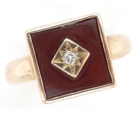 Carnelian, diamond and 9ct gold ring marked 9ct approx 5.7 grams weight ring size O.