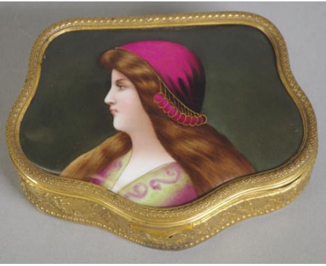 Antique French gilt brass jewel box with portrait of a woman on porcelain, inset to lid, case with embossed gilt garland deco