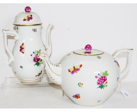 Pair Herend Queen Victoria tea &amp; coffee pots each with floral and butterfly hand painted decoration, including teapot,  a