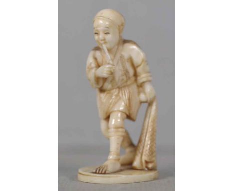 Antique Japanese Meiji period carved ivory okimono depicting a performer, signed to base, 5.5cm high. This item may not be ex