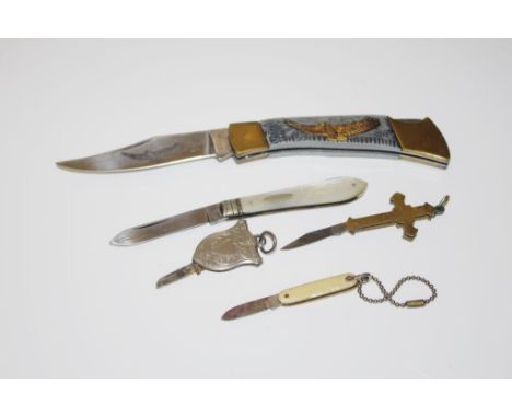 Collection of five various pocket knives together with a book 'American Premium Guide to Knives and Razors,' by Sargent, 1992