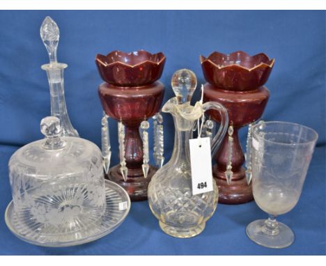 A pair of ruby glass table lustres and etched glass cheese dome, a claret jug, decanter and a celery vase (6) 