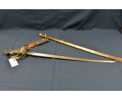 A British pattern 1827 Rifle Officers sword with metal scabbard, harp and crown cypher to guard. Blade shortened and damaged.