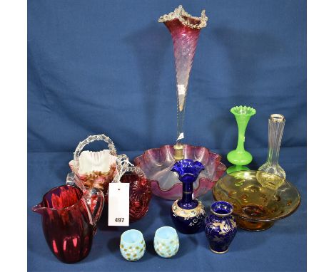 A quantity of various Victorian and later coloured glass to include glass baskets, jug, bowl, posy vases and an epergne (12) 