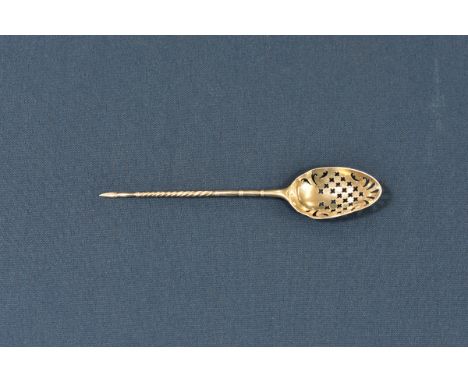 A Georgian silver mote spoon marks indistinct, foliate and cross pierced bowl, shell shoe piece, twist handle with arrow head