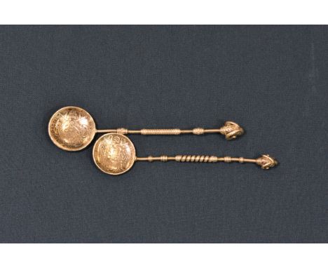 Two Italian silver coin spoons both with ram head finial and decorated stems, (unmarked), the first with Scudo coin, the seco