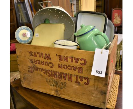 A C &amp; T Harris Ltd wooden crate containing enamelware, stoneware, Smiths Ringer timer etc (qty) 