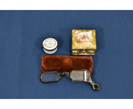 A Marx Eugene Clauss Paris porcelain trinket box of square form, the gilt brass mounted hinged lid with figural outdoor scene