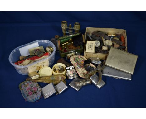 A rummage box of collectables comprising of vintage watches (a/f); vesta case wax seal; vintage lighters; Guernsey T Palmer a