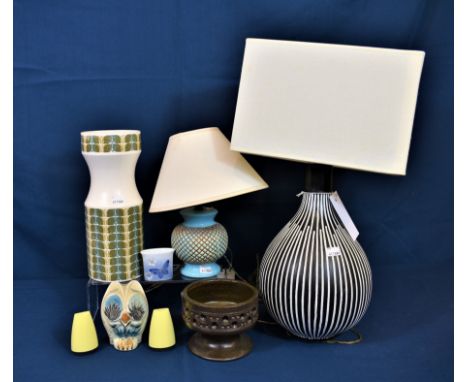 A retro black and white striped lamp together with a vintage lamp by Flosmaron a Hornsea vase, Jersey pottery bowl, Moulin Hu