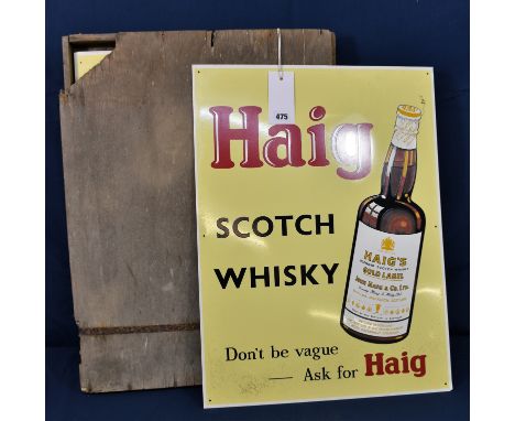 A wooden box of five identical Haig Gold Label Scotch Whiskey vintage metal advertising signs with slogan, 'Don't be vague, a