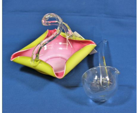 A Victorian glass fruit basket of square form with folded edges, lime green with pink interior, clear glass twist handle, 7 3
