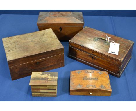 A collection of antique boxes to include an ornate French playing card box with studwork decoration and script for the card g