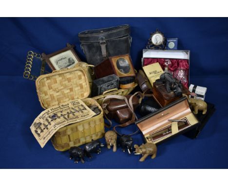 A large rummage box of vintage and antique collectables comprising of a dagerreotype of a lady; photo frames; boxed Royal Sco